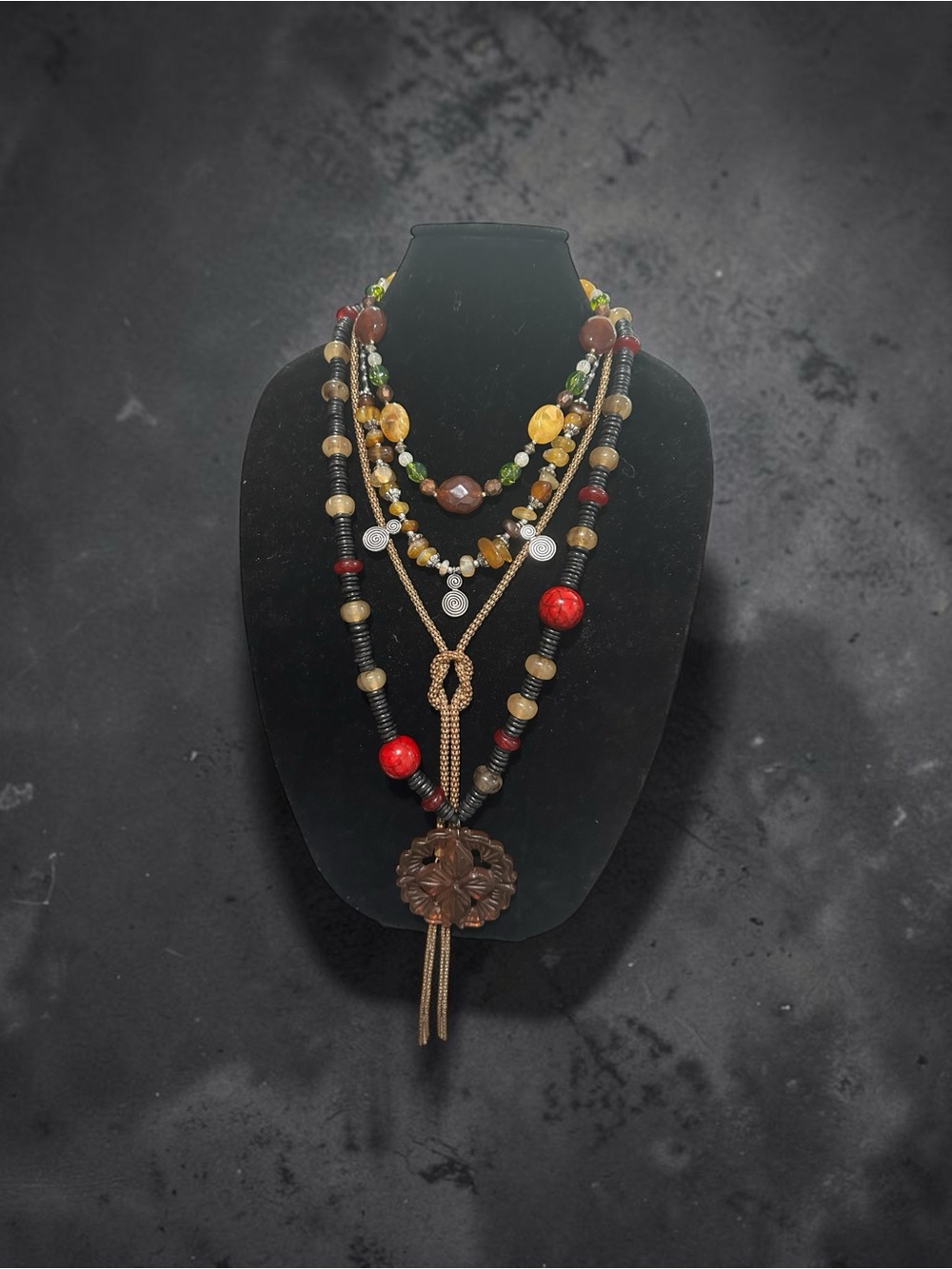 Boho Layered Necklace Stack 4 Piece Set Beaded Wood Earthy Statement Medallion